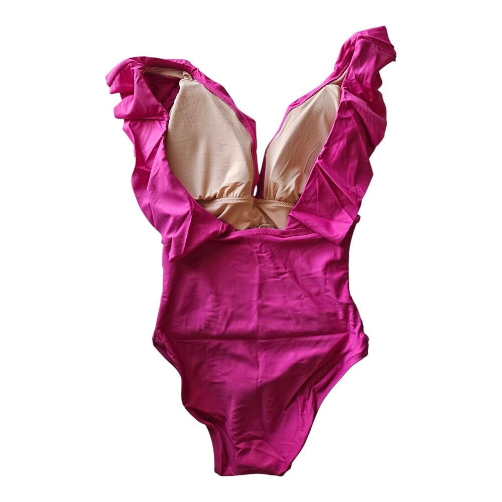 J. Crew Women's 8 Swimsuit 1 Piece V-Neck Ruffled Ruched Radiant Fuchsia NEW NWT - Picture 6 of 8